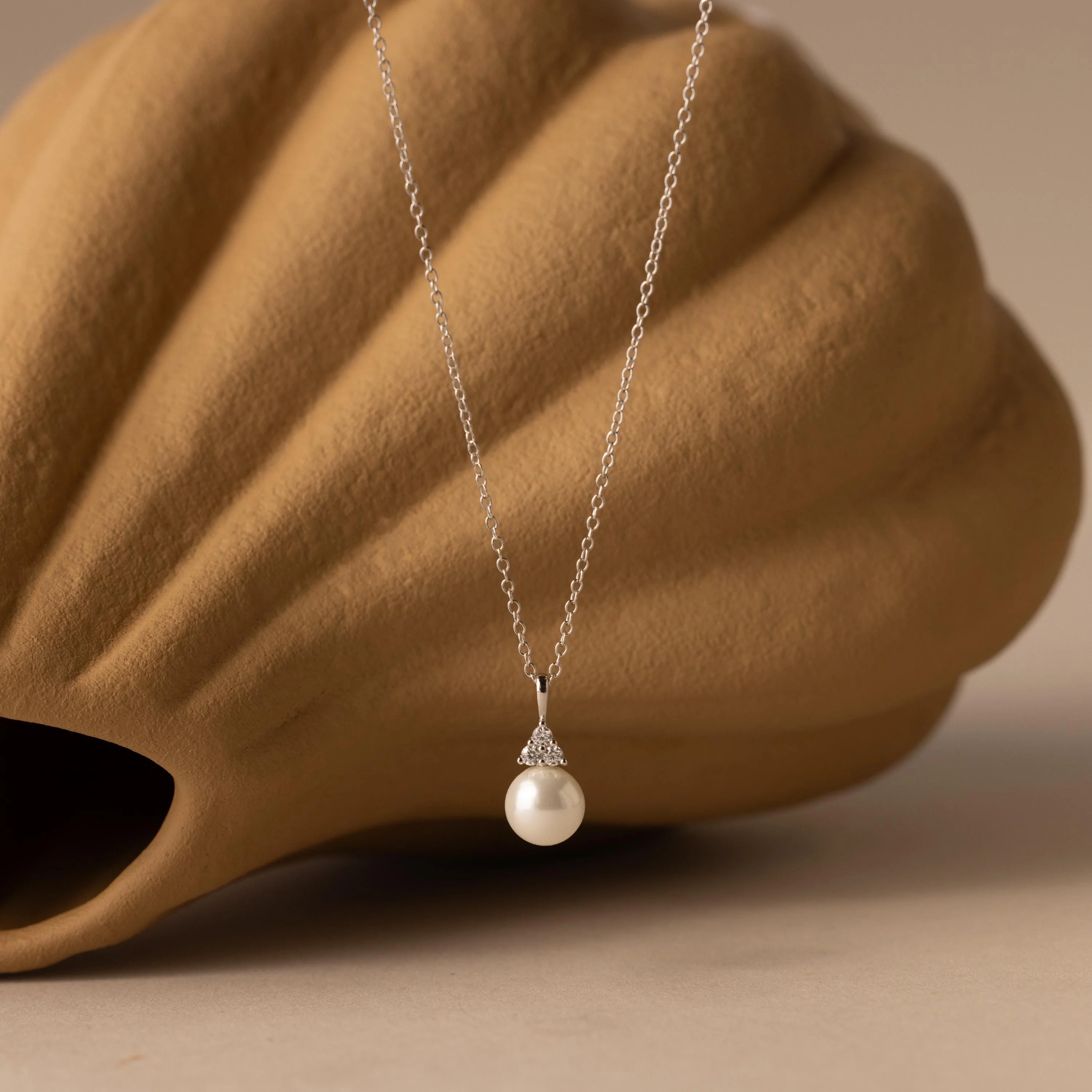 Diamond Halo Pearl Necklace in Silver - Image 3