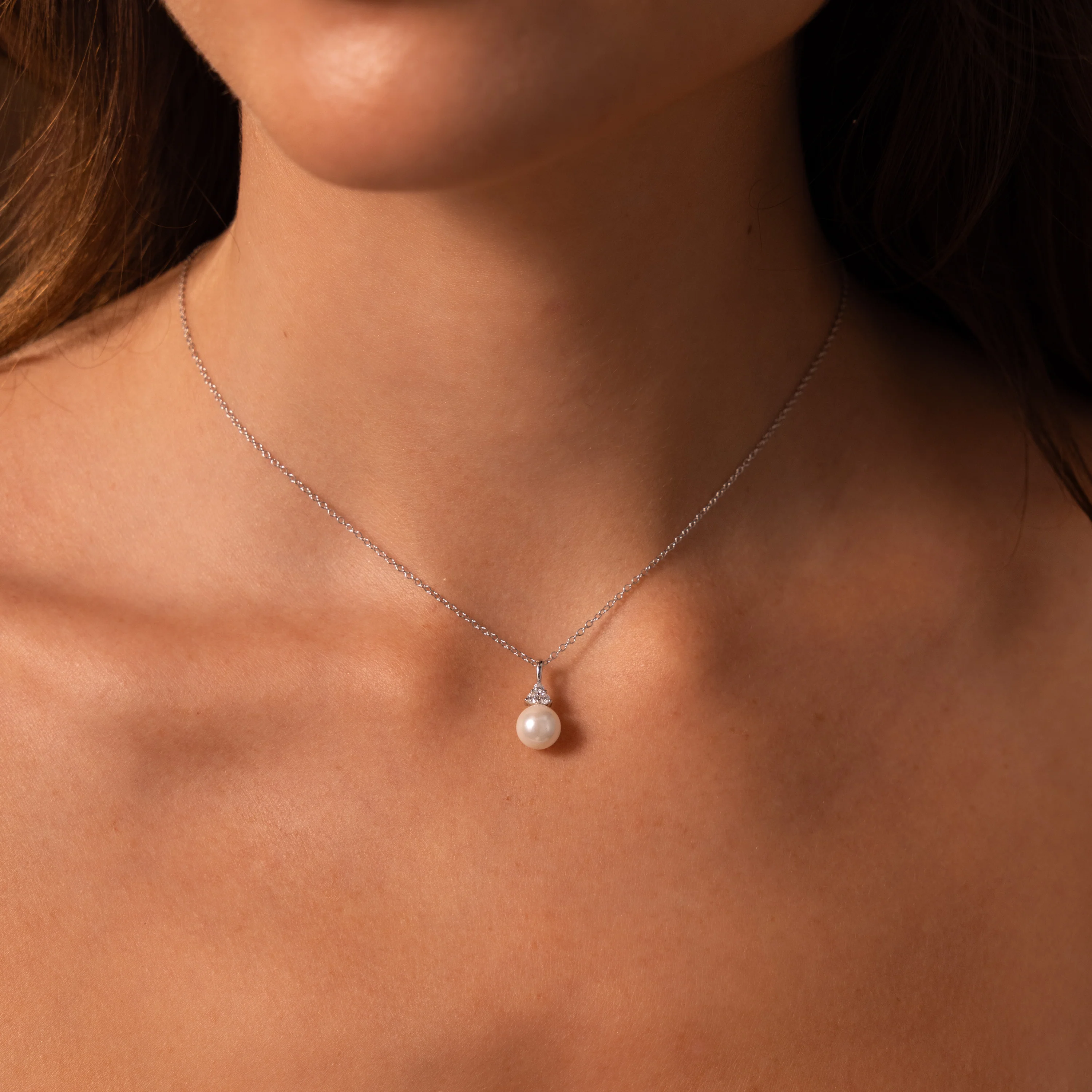 Diamond Halo Pearl Necklace in Silver - Image 2