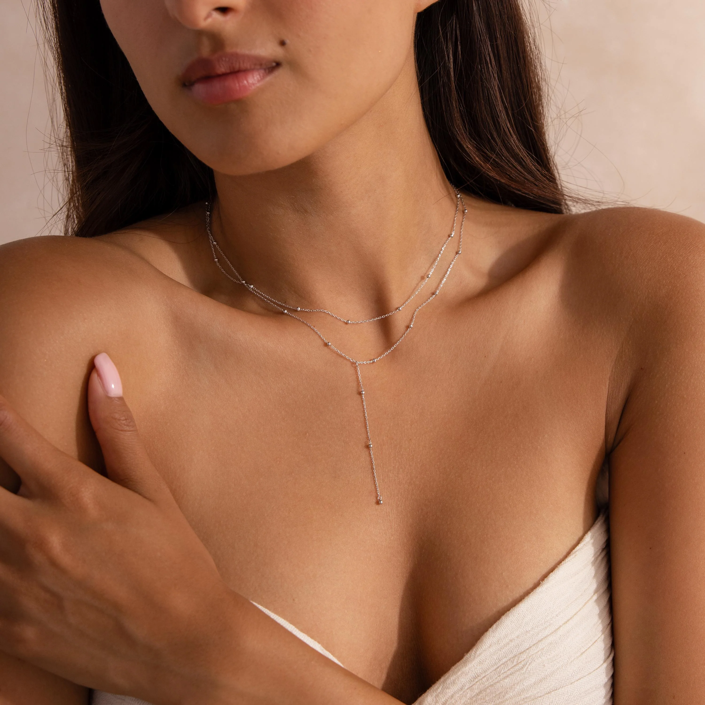 Duo Satellite Lariat Necklace in Silver - Image 4