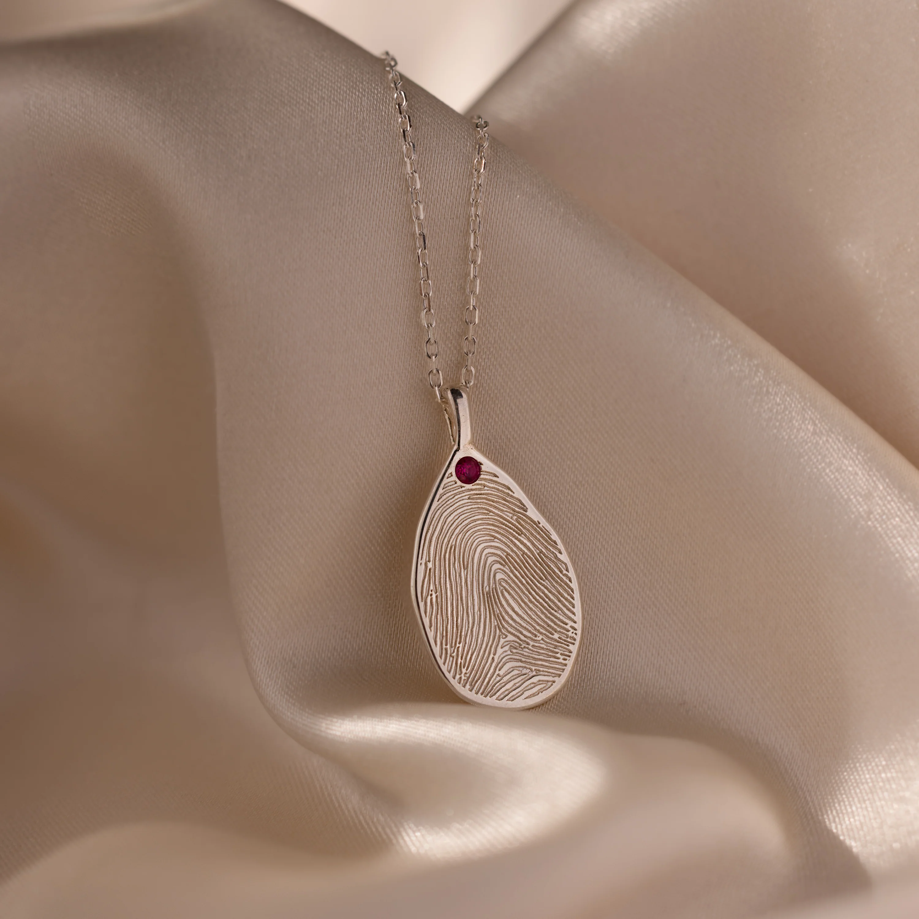 Fingerprint Birthstone Teardrop Necklace in Silver