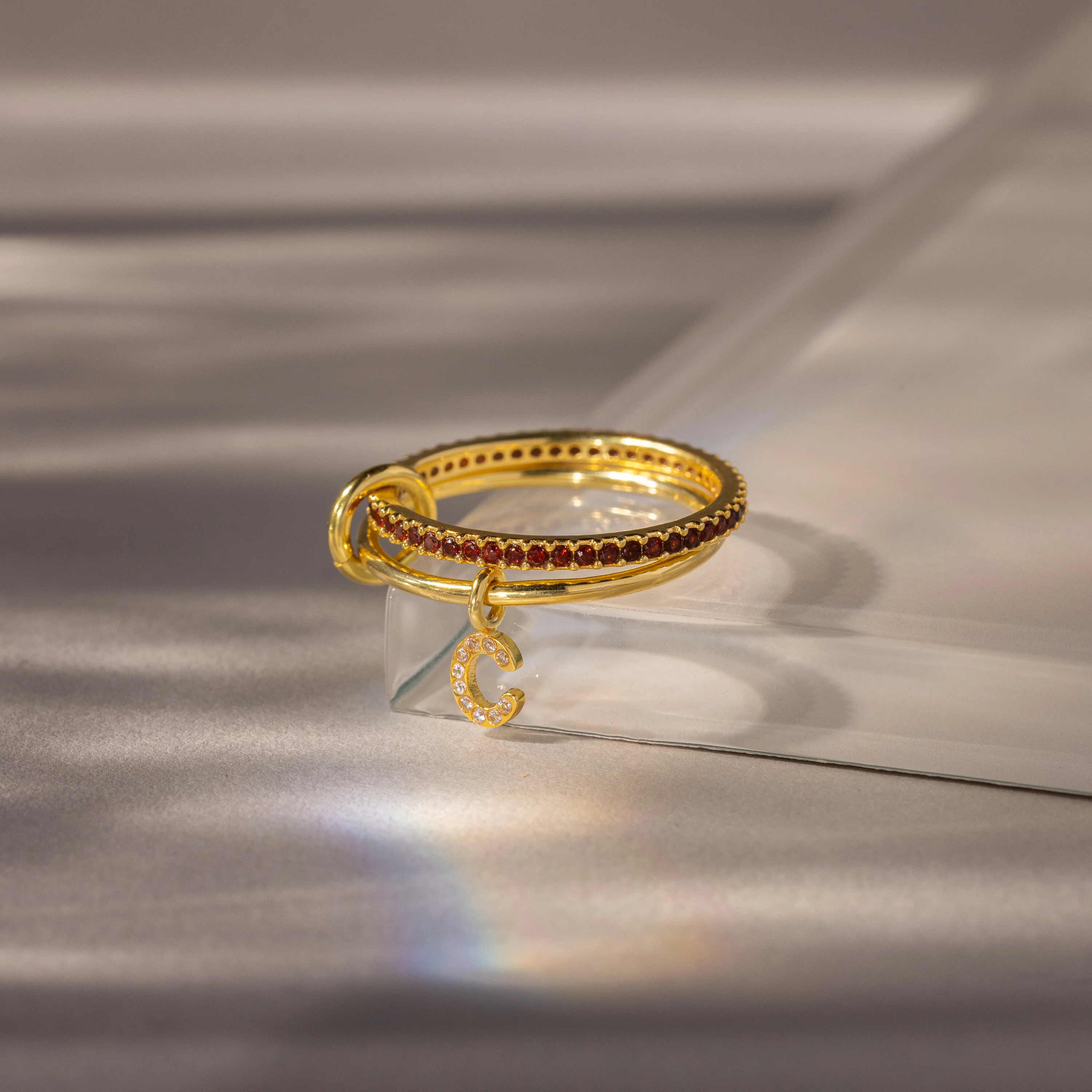 Linked Initial Garnet Ring Set