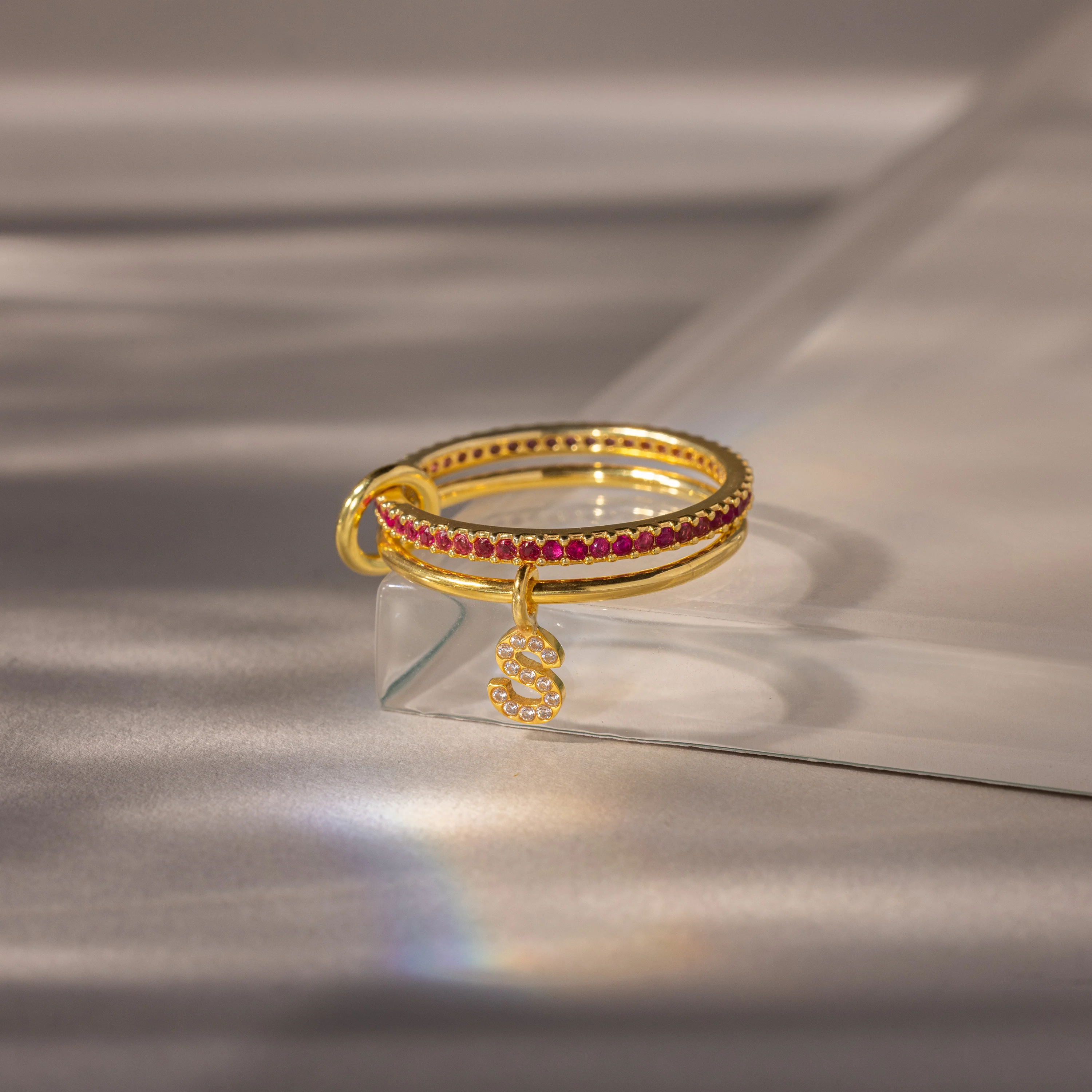 Linked Initial Ruby Ring Set