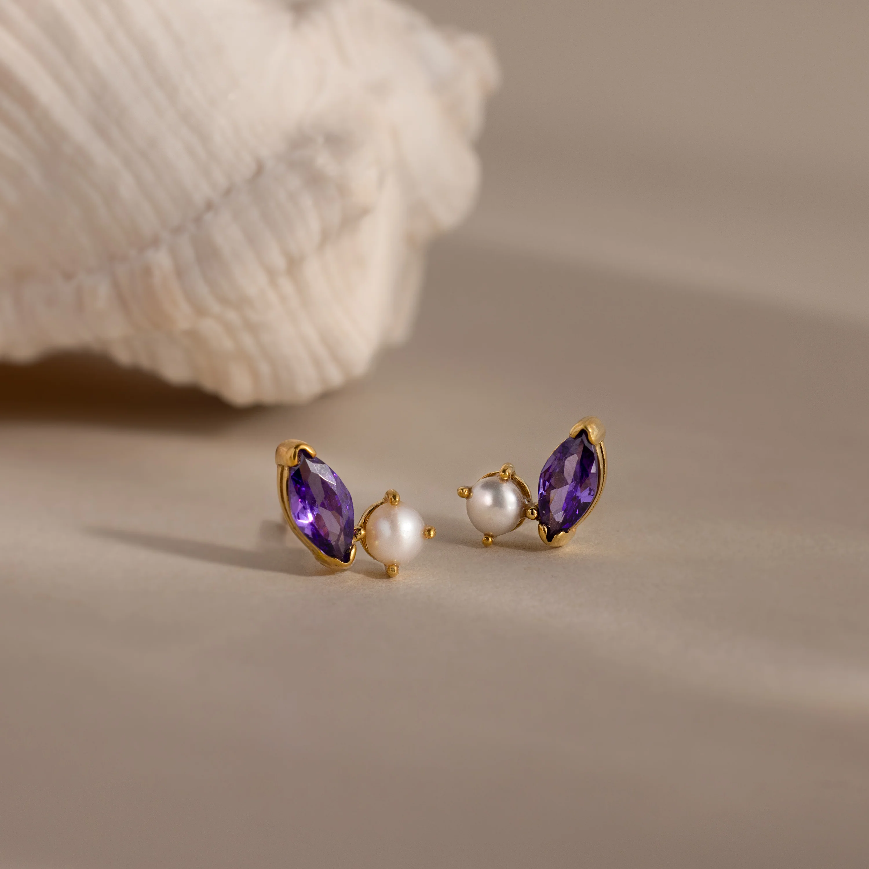 Marquise Amethyst & Pearl Studs
