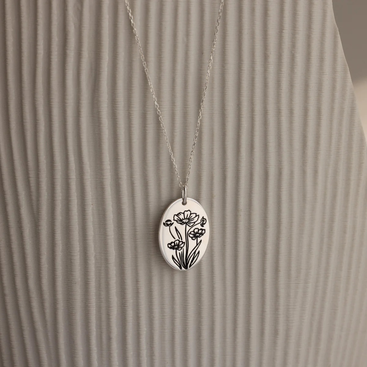 Oval Birth Flower Necklace in Silver - Image 5