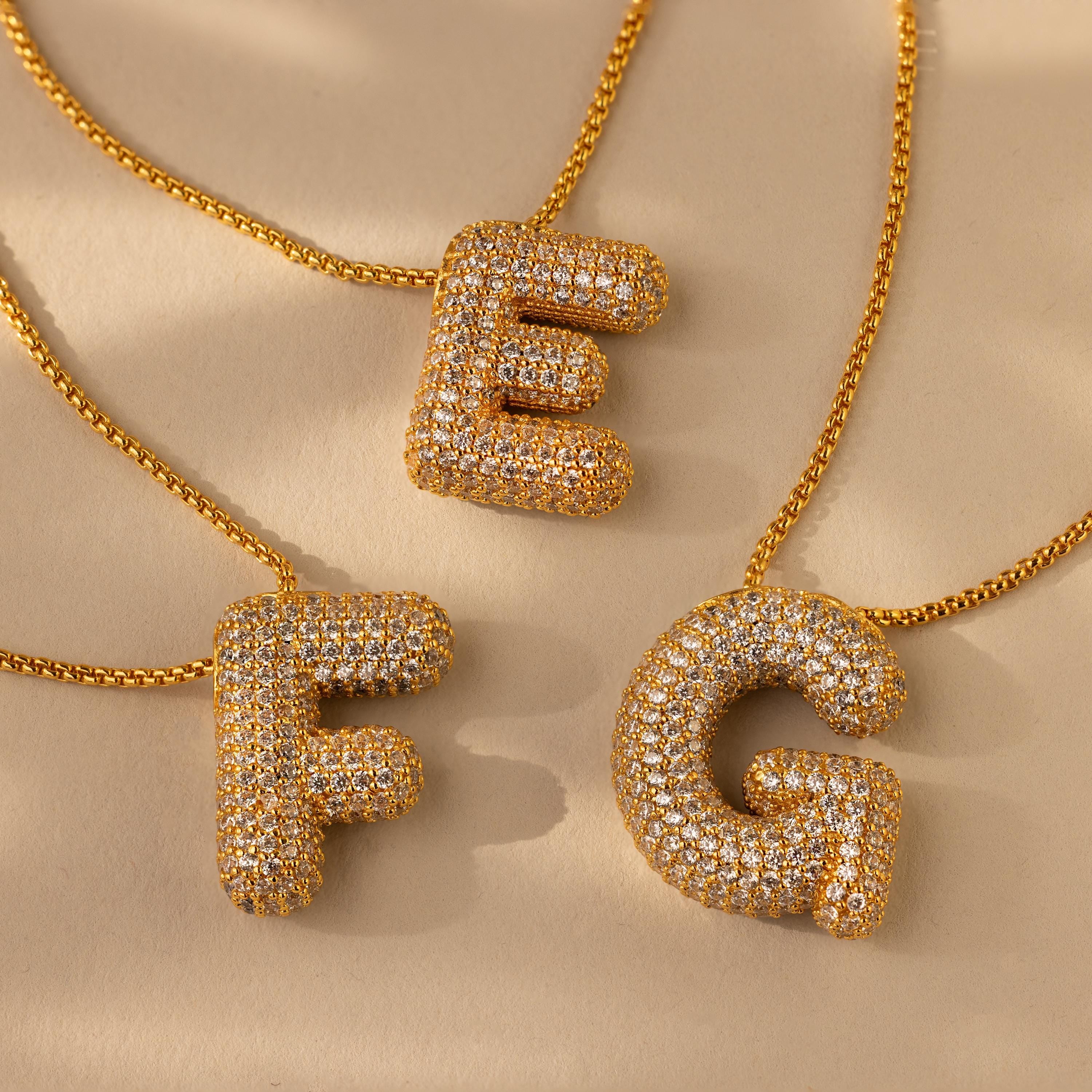 Pave Puff Letter Necklace in 18K Gold