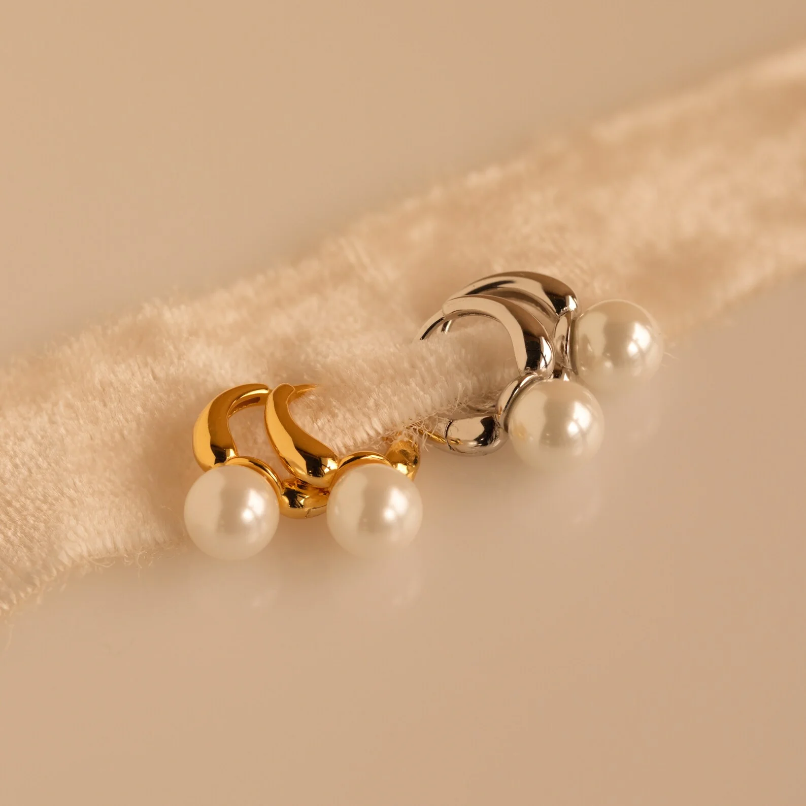 Pearl Drop Huggies in Silver - Image 5