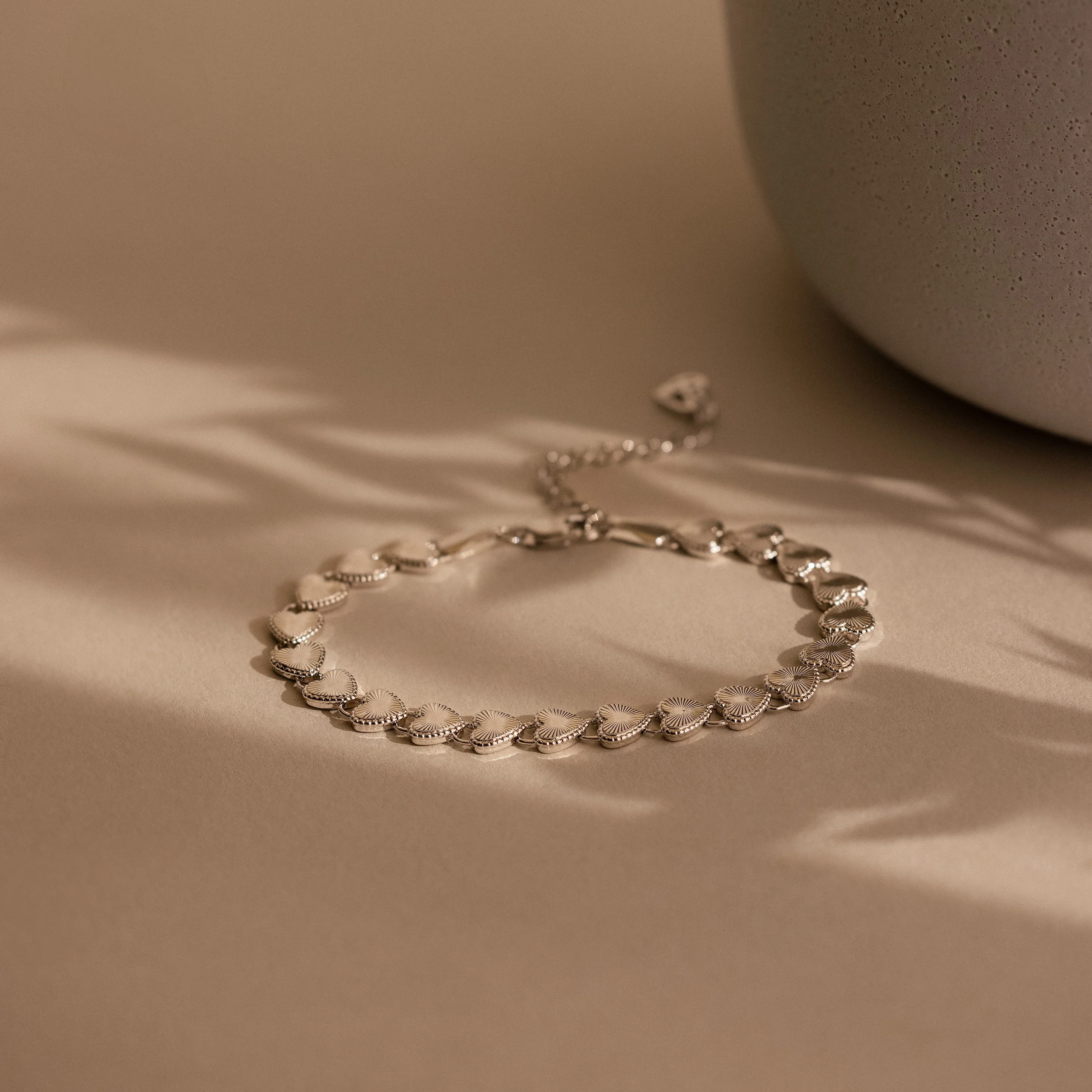 Ribbed Heart Link Bracelet in Silver