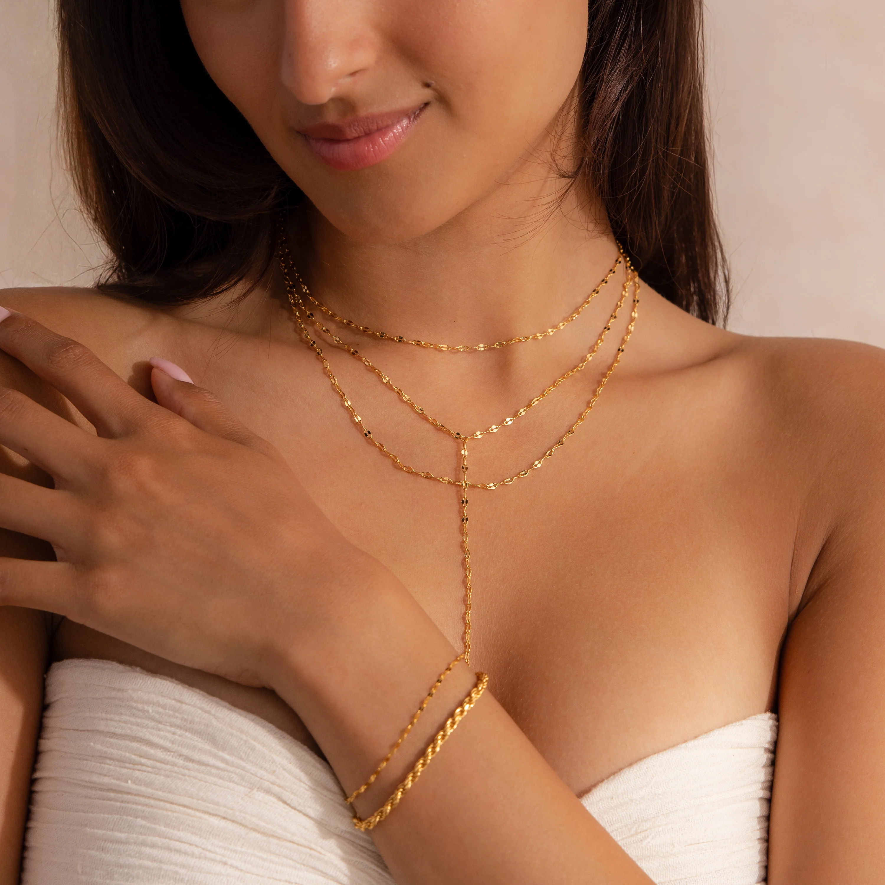 Sparkling Layered Lariat Necklace in 18K Gold - Image 4