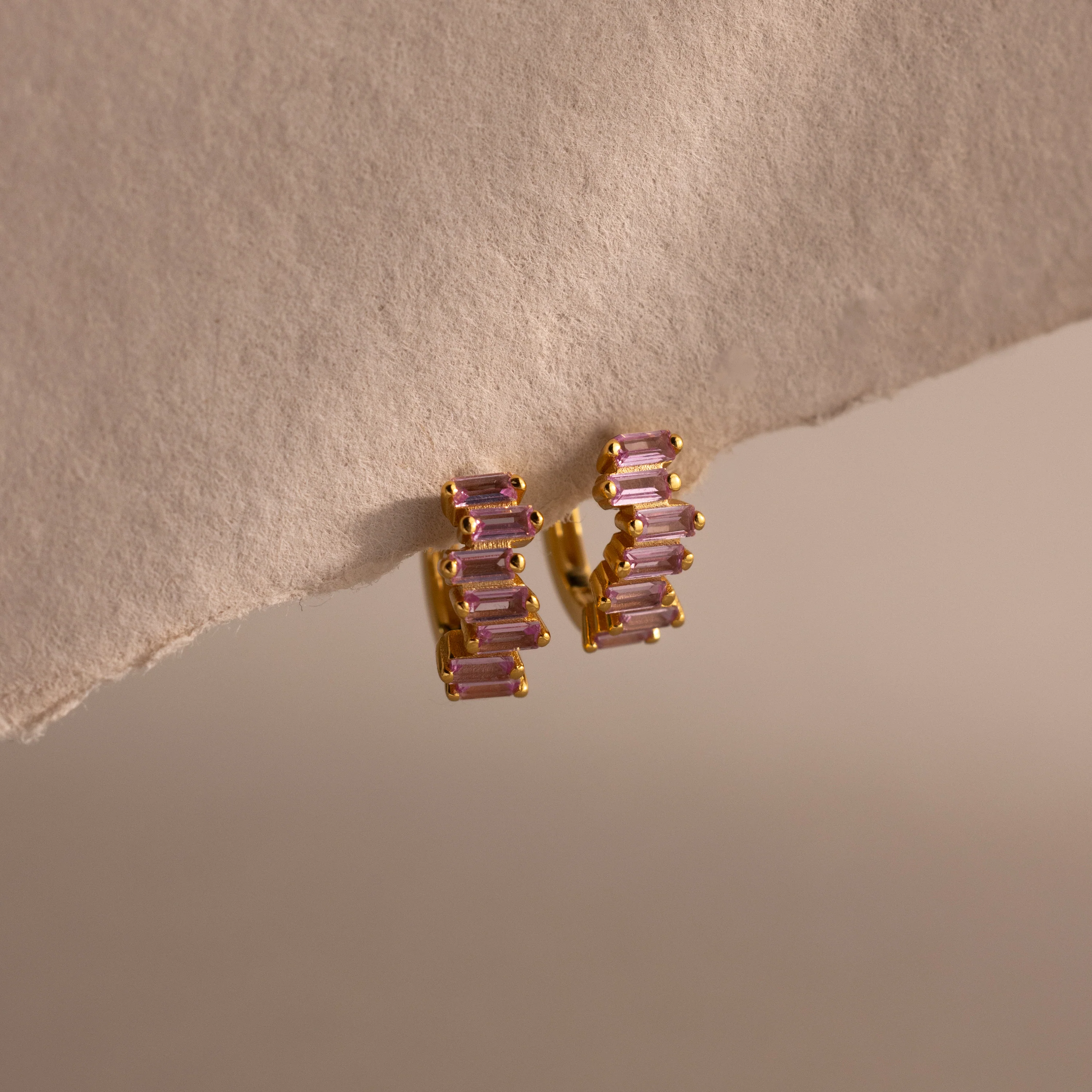 Staggered Baguette Pink Tourmaline Huggies