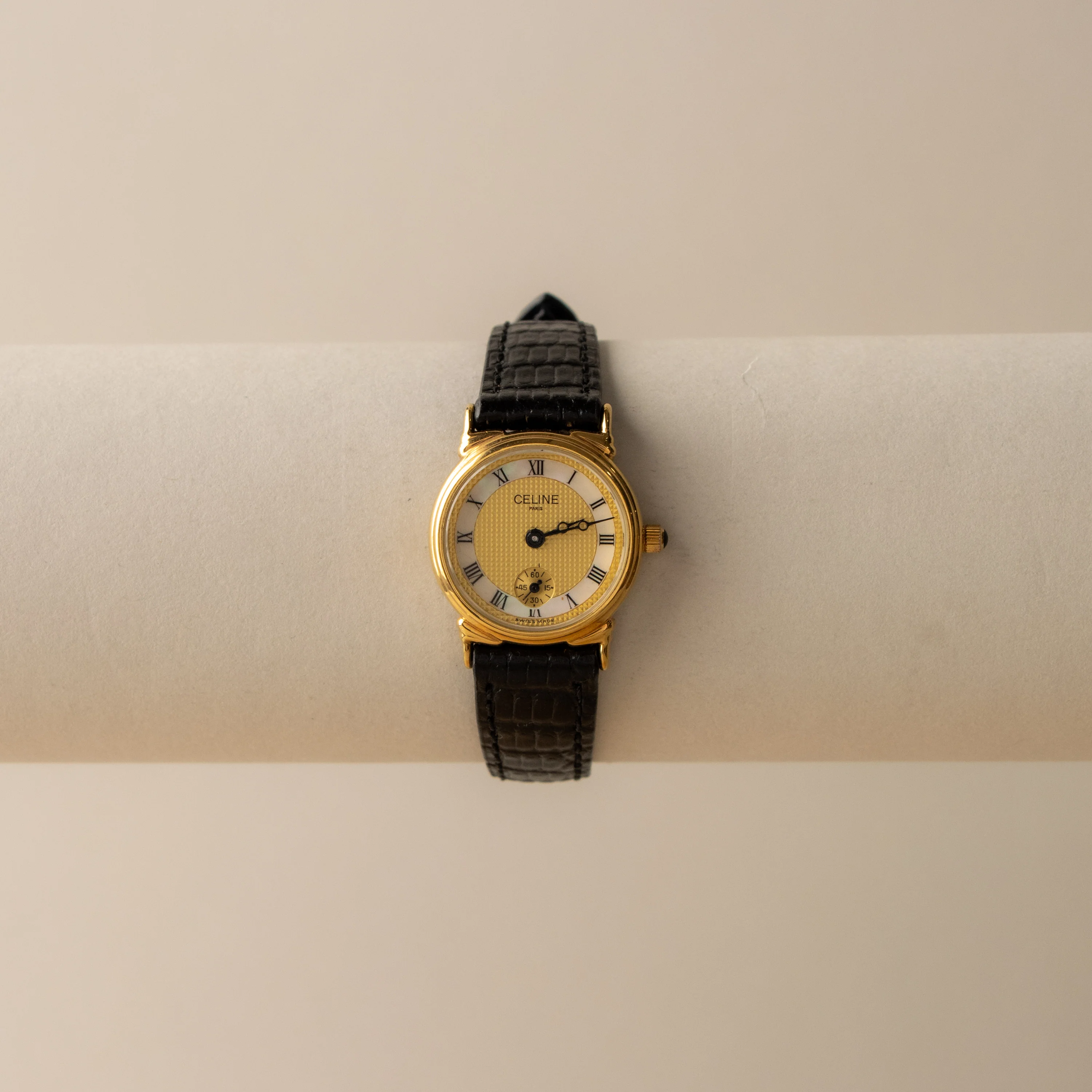Vintage Celine Pearl Dial Leather Gold Watch - Image 2