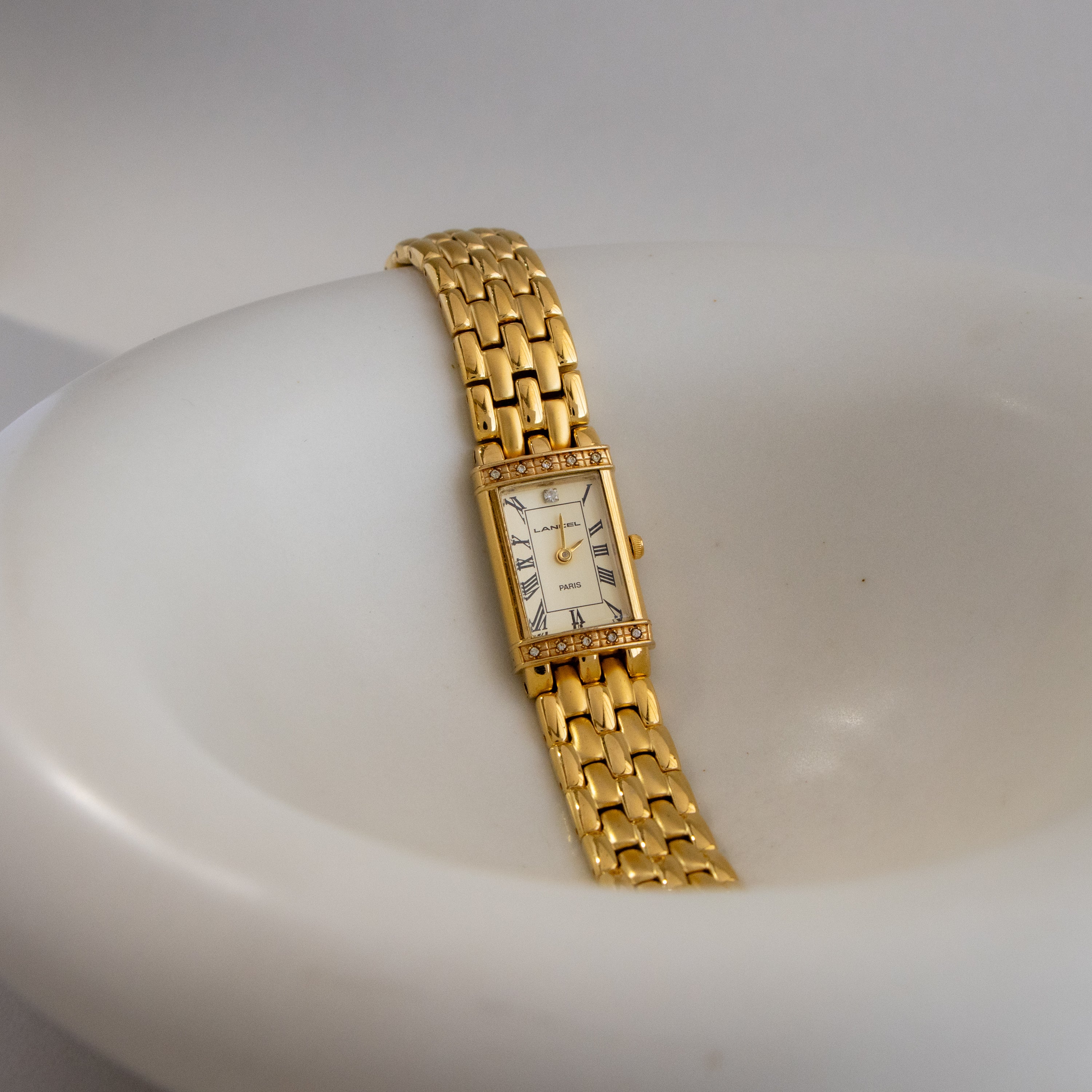 Vintage Lancel Pave Rectangular Gold Watch - Image 2
